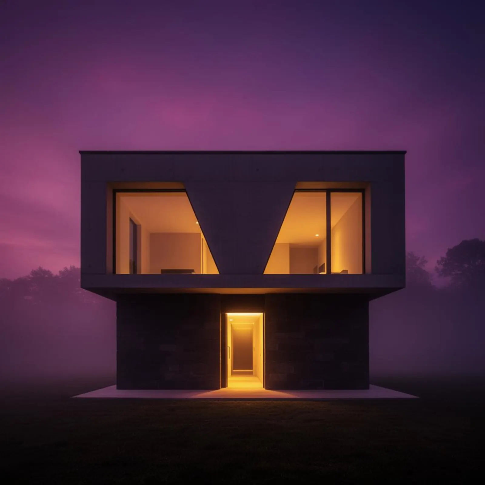 Architecture moderne illuminée au crépuscule, métaphore d'une maison numérique solide