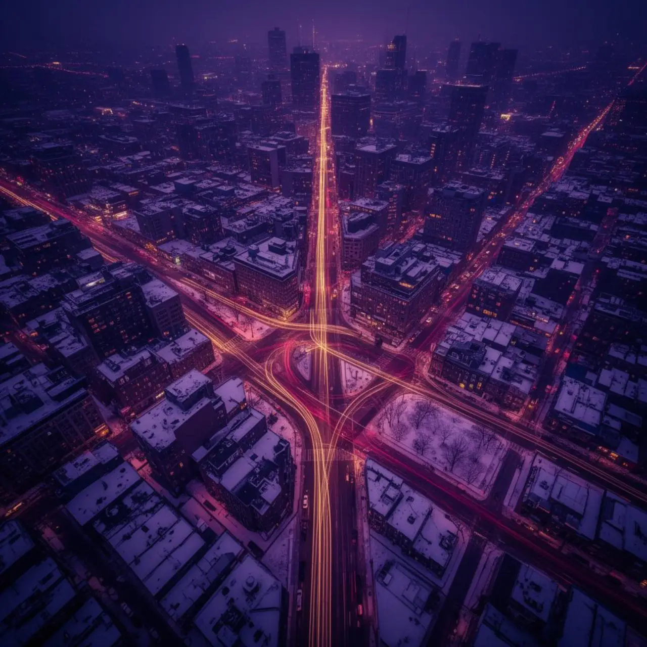 Vue aérienne nocturne de Montréal, traînées lumineuses dorées convergeant vers le centre